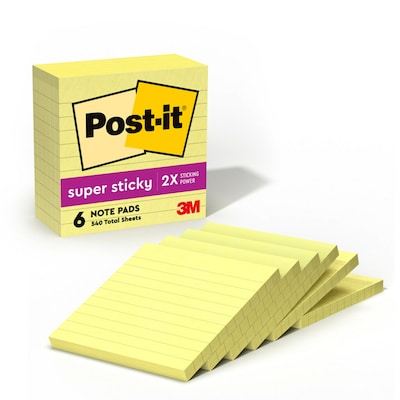 Post-it Super Sticky Notes, 4 x 4, Canary Collection, Lined, 90 Sheet/Pad, 6 Pads/Pack (675-6SSCY)