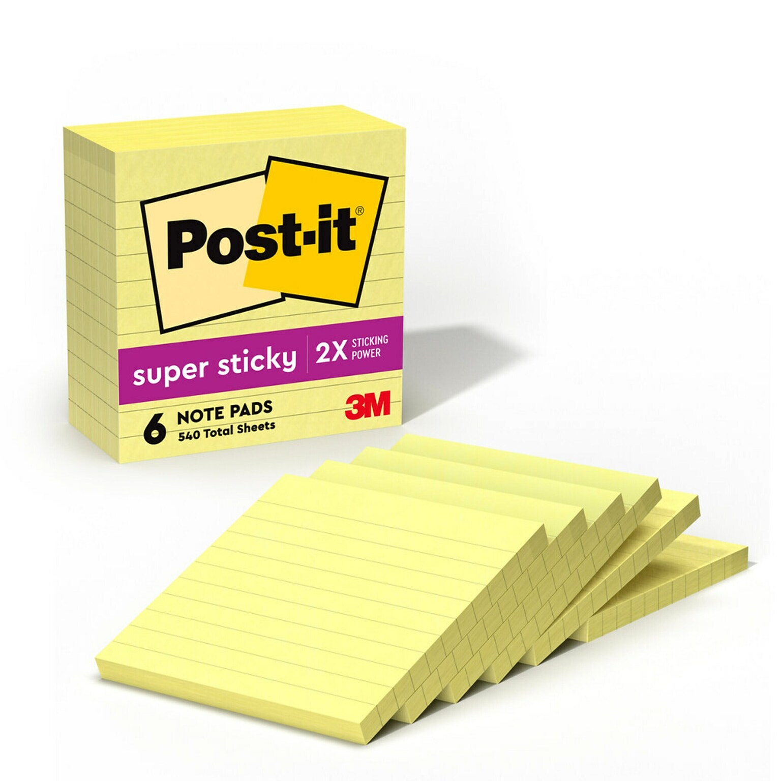 Post-it Super Sticky Notes, 4 x 4, Canary Collection, Lined, 90 Sheet/Pad, 6 Pads/Pack (675-6SSCY)
