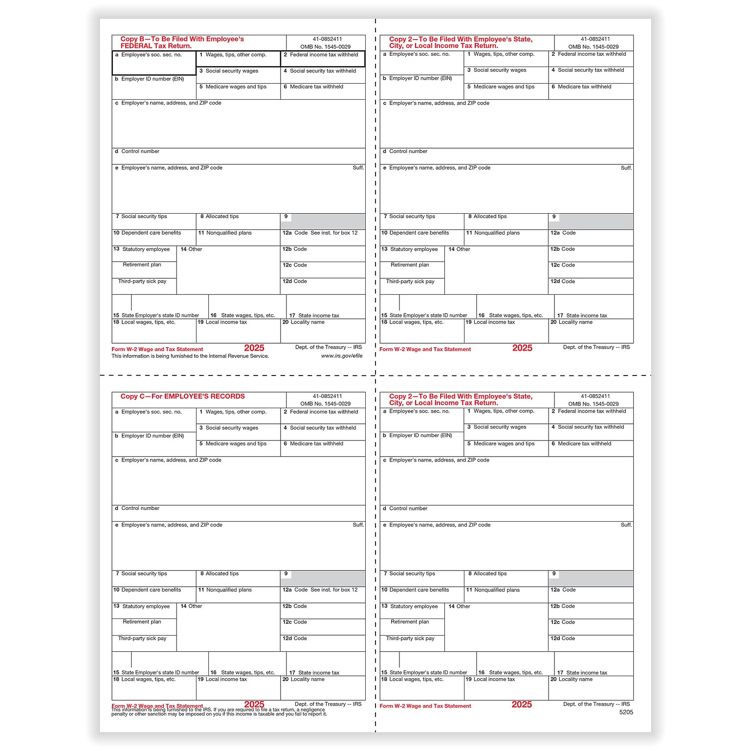 ComplyRight 2025 W-2 Tax Form, 1-Part, 4-Up, Employee Copy B, C, and 2, 50/Pack (520550)