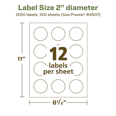 Avery EcoFriendly Round Labels, 2" diameter, Matte White, Laser/Inkjet, 1200 Labels/Pack (93593)