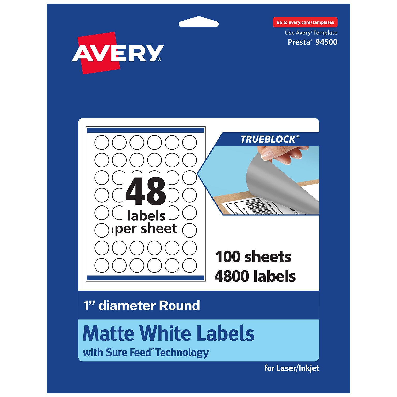 Avery Laser/Inkjet Round Multipurpose Labels, White, 48 Labels/Sheet, 100 Sheets/Pack (94500-TWMP100)