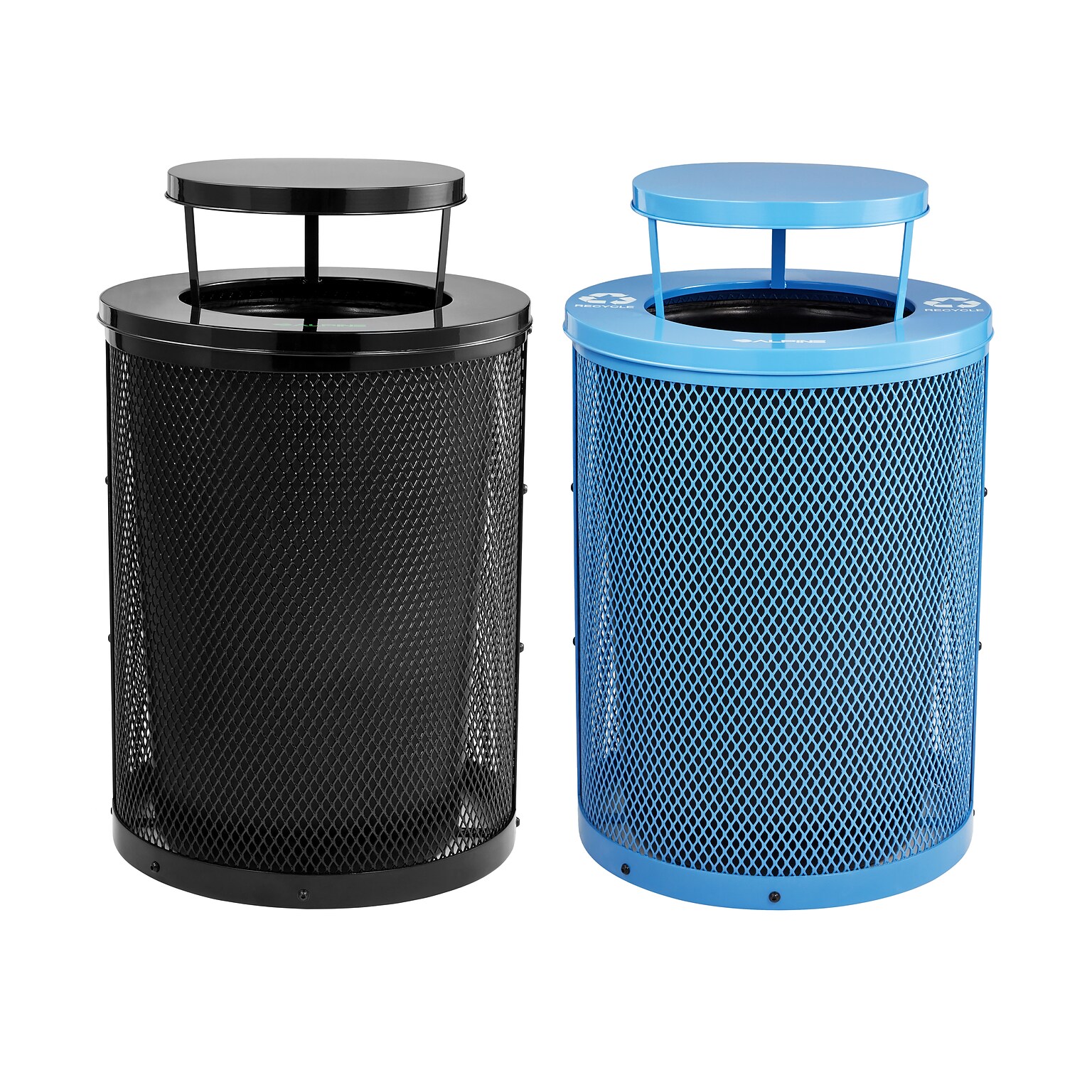 Alpine Industries 4460 Steel Mesh Trash & Recycling Bin Combo with Rain Bonnet Lid, 36 Gallon, Black/Blue (ALP4460-01-F)