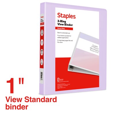 Staples Heavy Duty 1" 3-Ring View Binder, D-Ring, Light Purple (ST63087)
