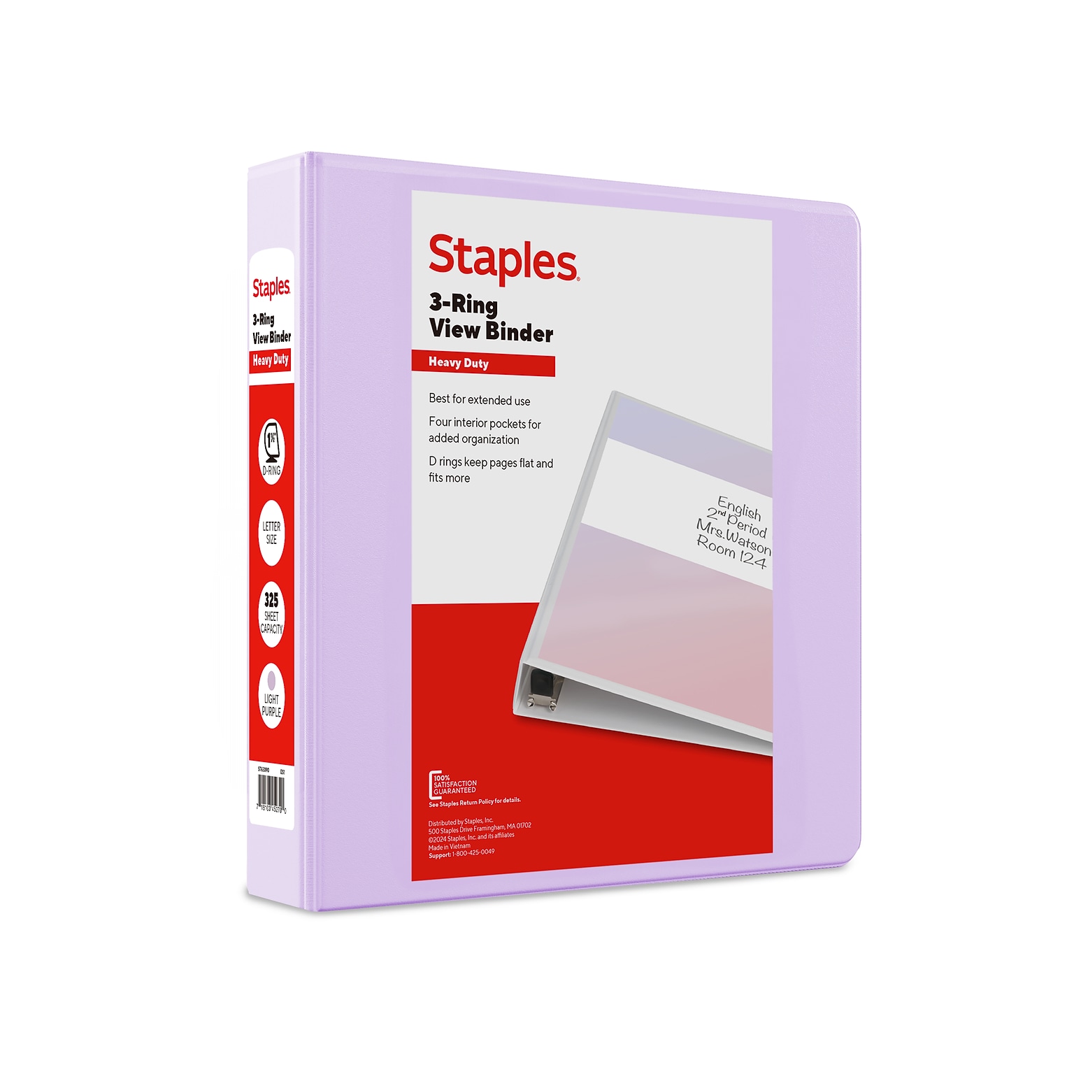 Staples Heavy Duty 1 1/2 3-Ring View Binder, D-Ring, Light Purple (ST63090)