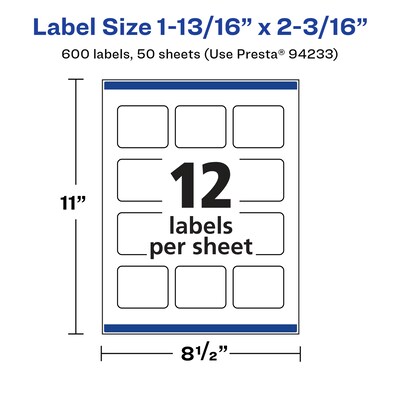 Avery Laser/Inkjet Multipurpose Labels, 2.1875" x ", Glossy White, 600/Box (94233)