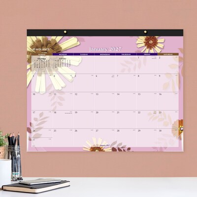 2027 AT-A-GLANCE Paper Flowers 21.75" x 17" Monthly Desk Pad Calendar, Pink/Brown (5035-27)