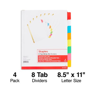 Staples® Write-On™ BIG TAB Dividers, 8-Tab Set, Color Tabs, 4/Pack