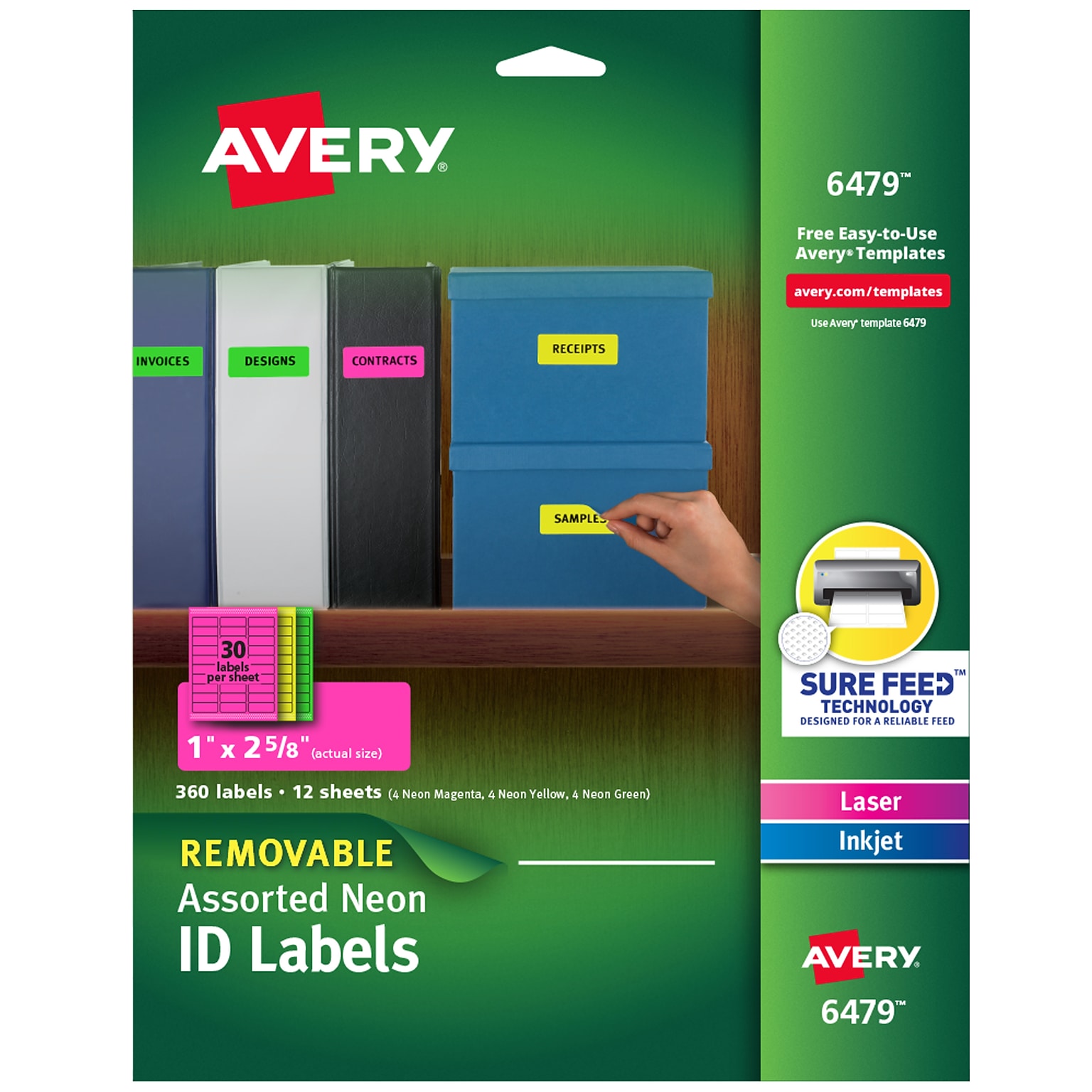 Avery Sure Feed Laser/Inkjet ID Labels, 1 x 2-5/8, Assorted Neon, 360 Labels/Pack (6479)