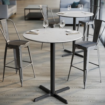 Flash Furniture Acadia 36" Round Wooden Dining Table with X-Base, White Faux Marble/Black Base (STRD36WMAT3030B)