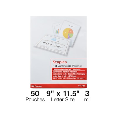 Staples Thermal Laminating Pouches, Letter Size, 3 Mil, 50/Pack (5200507/5200525)