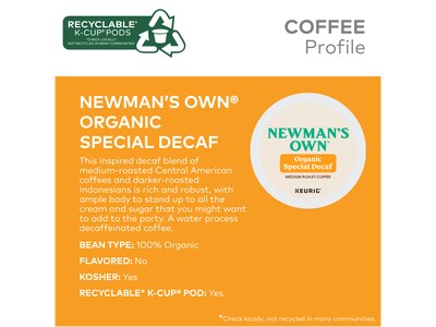 Newman's Own Organic Special Decaf Coffee, Keurig K-Cup Pod, Medium Roast, 96/Carton (4051CT)
