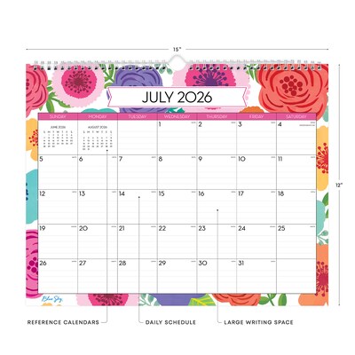 2026-2027 Blue Sky Wirebound floral 12 x 15 Academic Monthly Wall Calendar, Assorted Colors (156554-A27)