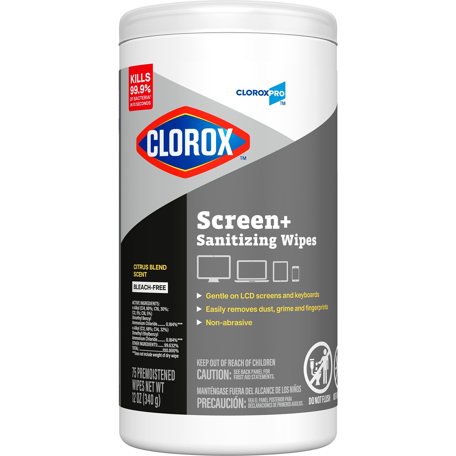CloroxPro Clorox Screen+ Sanitizing Wipes, Bleach Free, Citrus Blend Scent, 75 Wipes/Container (60724)