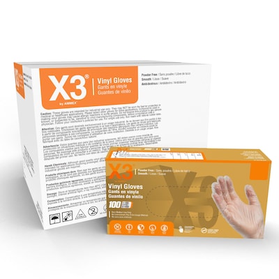 Ammex Professional X3 Powder Free Vinyl Gloves, Latex Free, Clear, Medium, 100/Box, 10 Boxes/Carton