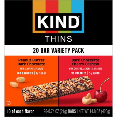 KIND Thins Gluten Free Nut Bar Variety Pack, 14.8 oz., 20 Bars/Box (41891)
