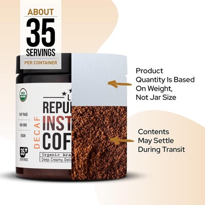 La Republica Organic Instant Decaf Mushroom Coffee w/ 7 Superfood Mushrooms, Fair Trade Arabica Coffee, 35 Servings (LARR-OMDC)