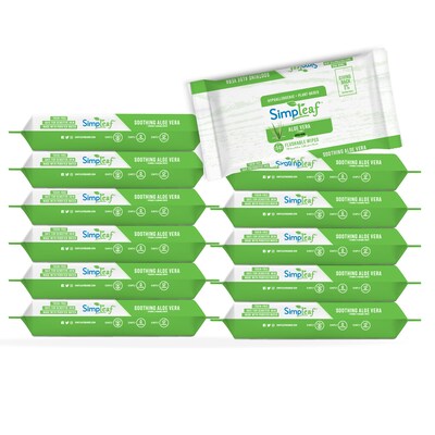 Simpleaf Aloe Vera Scented Flushable Wipes, 50 Single Wipes/Pack, 12 Packs/Box (S-009-12pack)