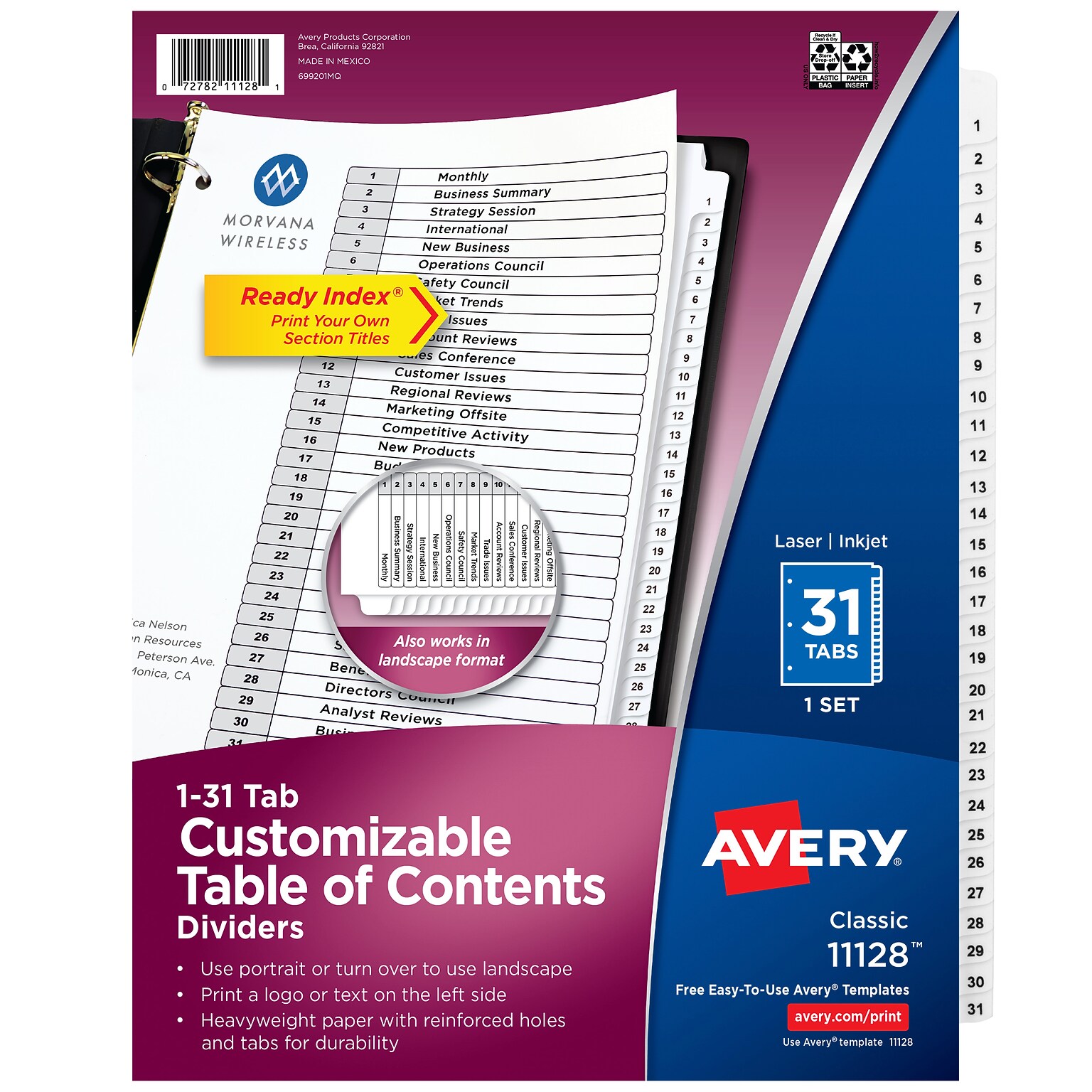Avery Ready Index Table of Contents Pre-Printed Numeric Paper Divider, 31 Tabs, White, 1 Set (11128/RI21331C)