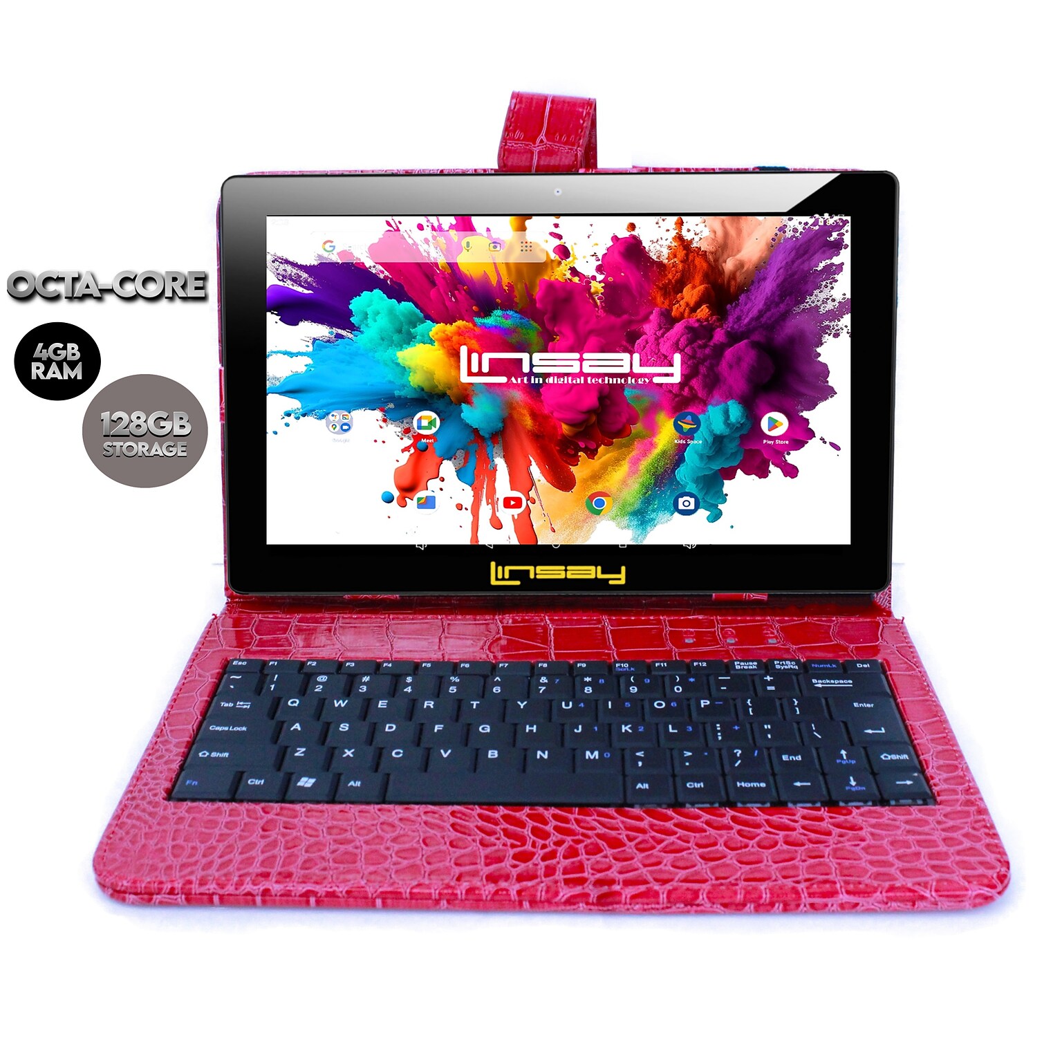 Linsay Octa Core 10.1 Tablet, 4GB RAM, 128GB Storage, Android 13, Bundled with Red Crocodile Keyboard and Stylus Pen