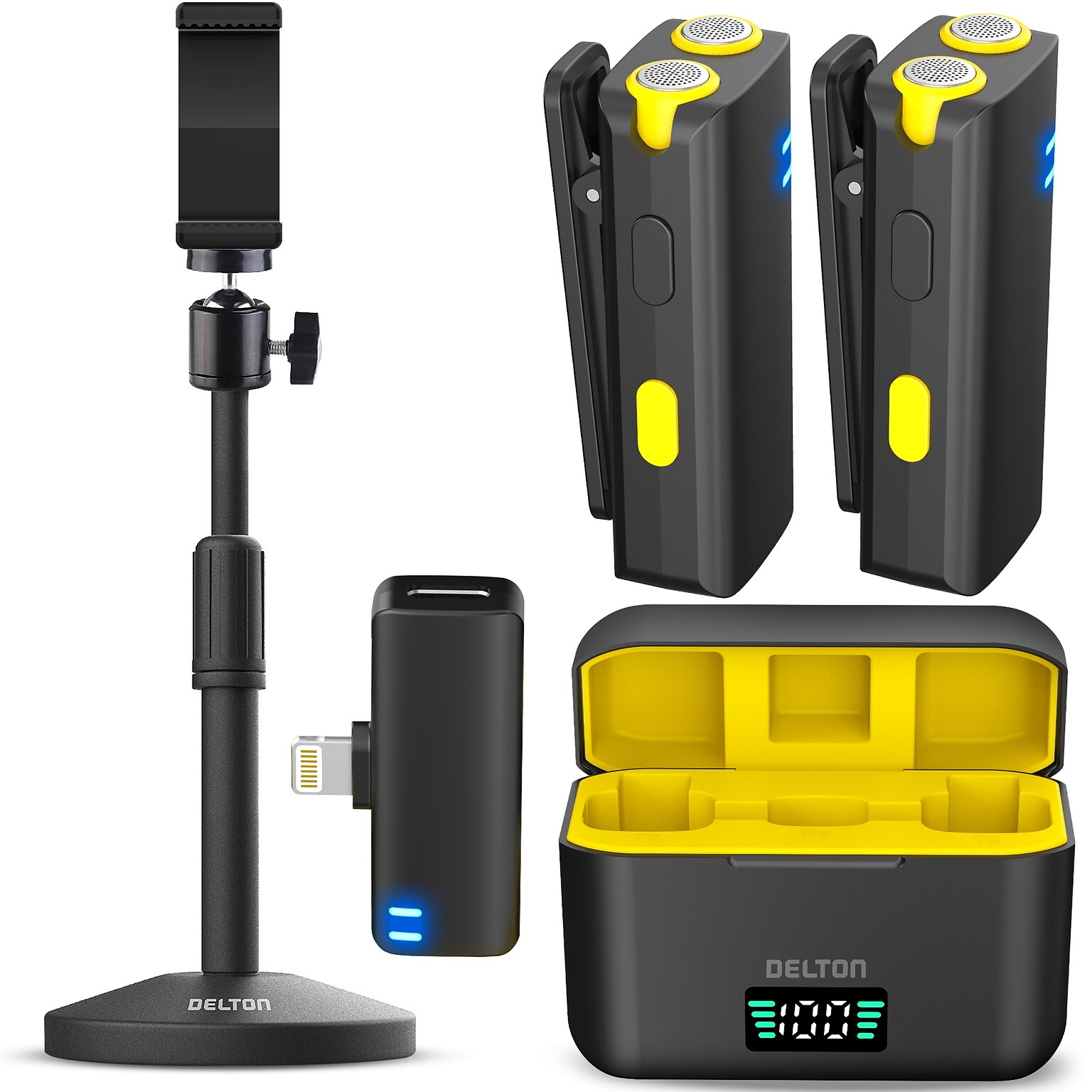 Delton M27L Two Wireless Lavalier Microphones and Lightning Receiver and Camera & Phone Stand Bundle, Black (DMCM27LKT1)