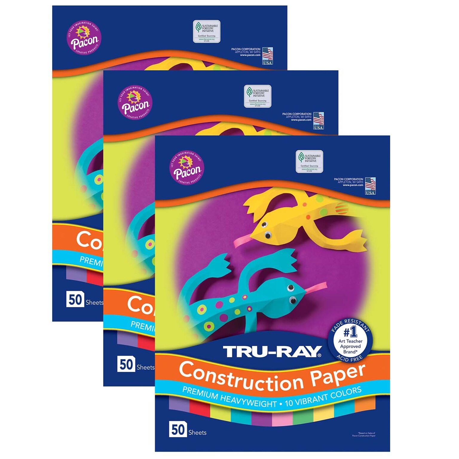 Tru-Ray 12 x 18 Construction Paper, Vibrant Colors, 50 Sheets/Pack, 3 Packs (PAC102941-3)