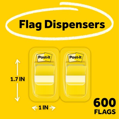 Post-it® Flags Value Pack, 1 x 1.7, Yellow, 50 Flags/Dispenser, 12 Dispensers/Box (680-YW12)