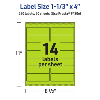 Avery Printable Rectangle Multipurpose Labels, 1-1/3" x 4", Bright Green, 280/Pack (94206)