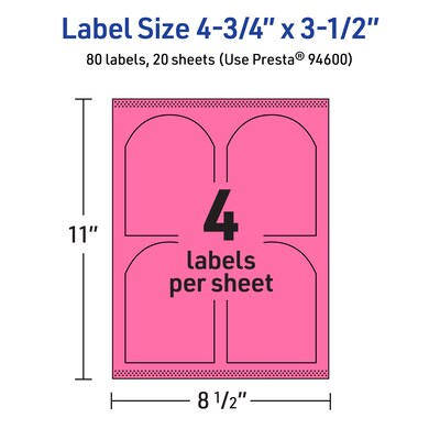 Avery Arched Laser/Inkjet Multipurpose Labels, 4.75" x 3.5", Bright Pink (80/Pack)