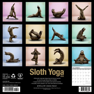 2025 Willow Creek Sloth Yoga 12 x 12 Monthly Wall Calendar (44940)