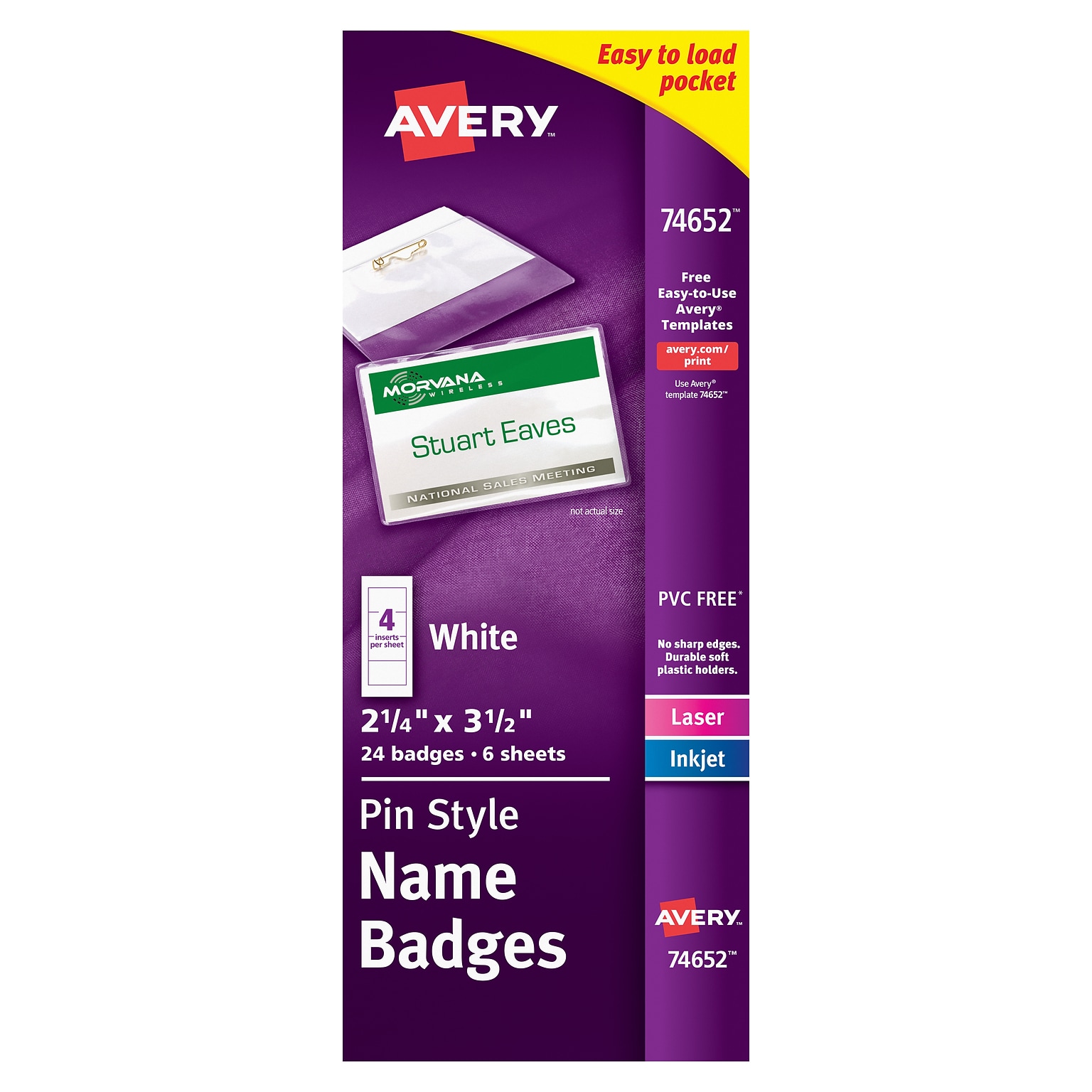 Avery Pin Style Laser/Inkjet Name Badge Kit, 2 1/4 x 3 1/2, Clear Holders with White Inserts, 24/Pack (74652)