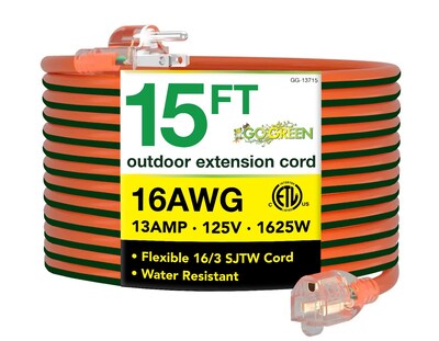 GoGreen Power 15 Indoor/Outdoor Extension Cord, 16 AWG, Orange (GG-13715)