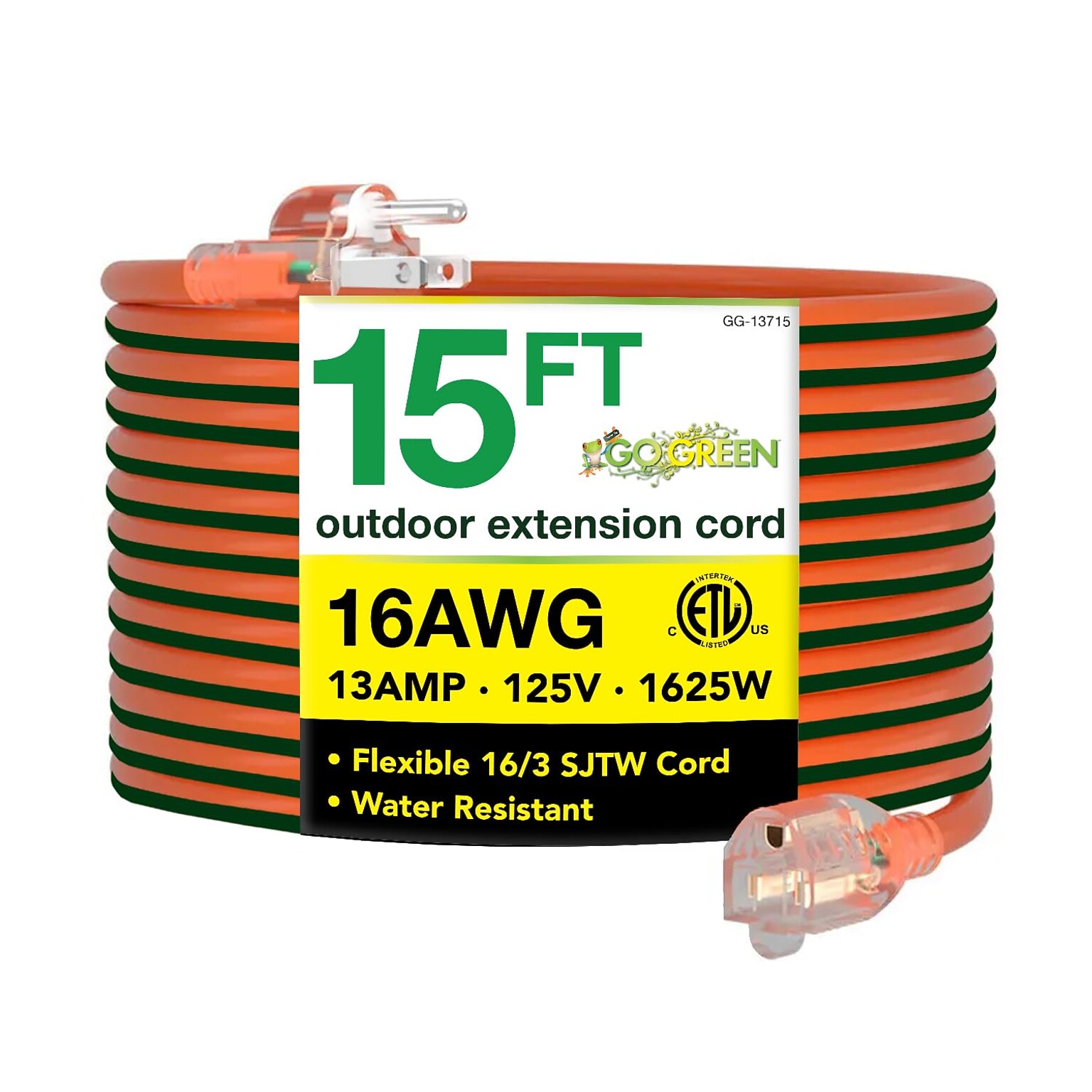 GoGreen Power 15 Indoor/Outdoor Extension Cord, 16 AWG, Orange (GG-13715)