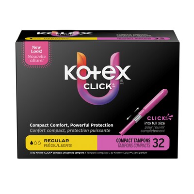 U by Kotex Click Regular Absorbency Compact Tampon, Plastic Applicator, Unscented, 32/Pack (51583)