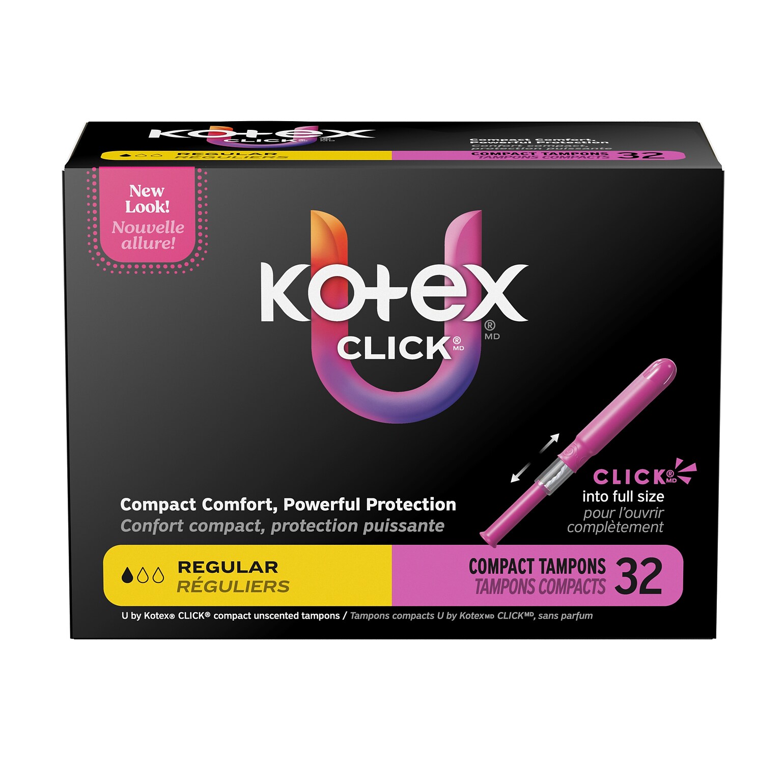 U by Kotex Click Regular Absorbency Compact Tampon, Plastic Applicator, Unscented, 32/Pack (51583)