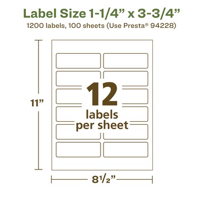 Avery EcoFriendly Laser/Inkjet Rectangle Multipurpose Labels, 1-1/4" x 3-3/4", White, 1200/Box (94228)