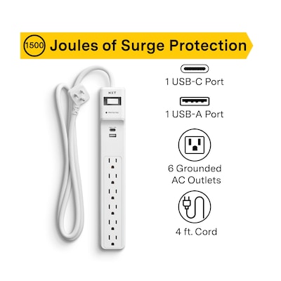 NXT Technologies™ 6-Outlet 2-USB Port Surge Protector, 4' Cord, White (NX61426)