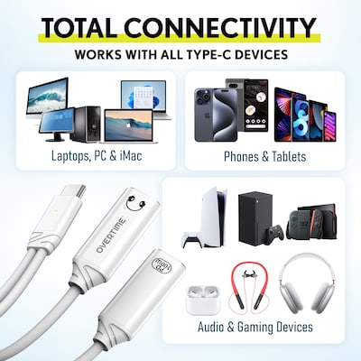 Overtime USB-C to USB-C & C Audio and 100W Charging Splitter Adapter, White (OADCTCCWH)