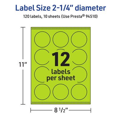 Avery Printable Circle Multipurpose Labels, 2.25" Dia., Bright Green, 120/Pack (94510)