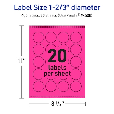 Avery Round Laser/Inkjet Multipurpose Labels, 1-2/3" Dia, Neon Magenta (400/Pack)