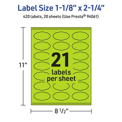Avery Scalloped Decorative Edge Multipurpose Labels, 1-1/8" x 2-1/4", Bright Green, 420/Pack (94061)