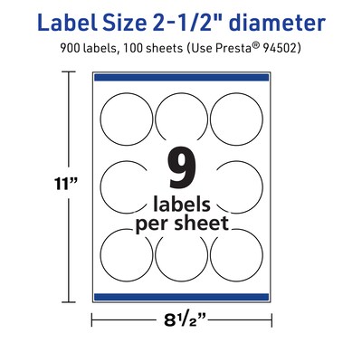 Avery TrueBlock Laser/Inkjet Circle Multipurpose Labels, 2.5" Dia., White, 900/Box (94502)