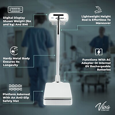 Viva Comfort Digital BMI Physician Weight & Height Scale, 660 lbs. Capacity, White (ADI904-01-MK)