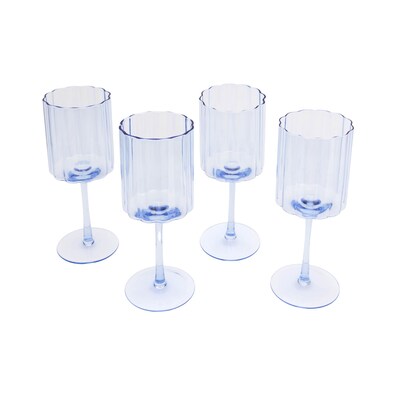 Scalloped Rim Fluted Wine Glass, Set of 4, 12oz, Blue