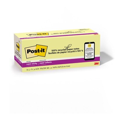 Post-it Recycled Super Sticky Notes, 3 x 3, Canary Collection, 70 Sheets/Pad, 24 Pads/Pack (654R-2