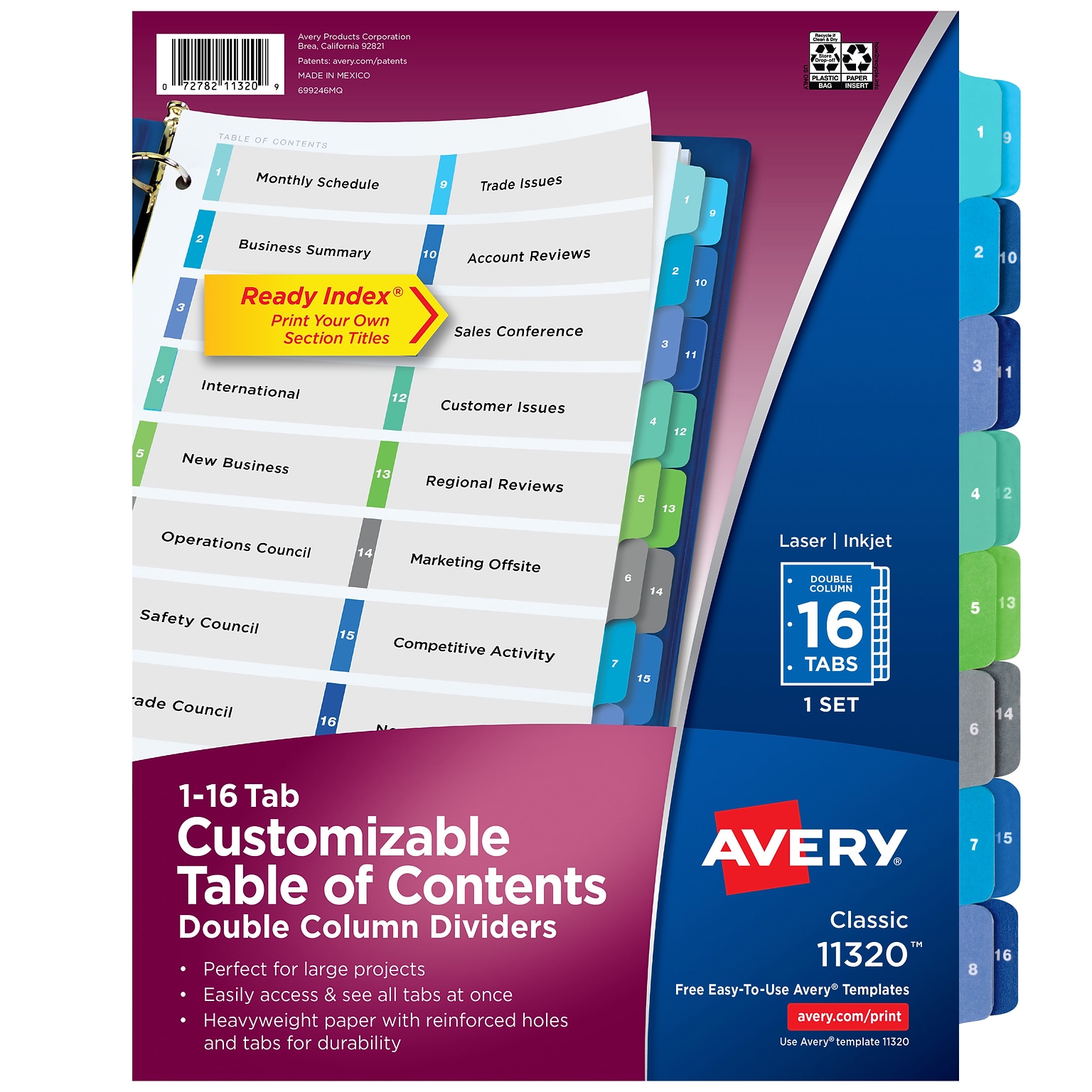 Avery Ready Index Table of Contents Double Column Paper Dividers, 1-16 Tabs, Multicolor (11320)