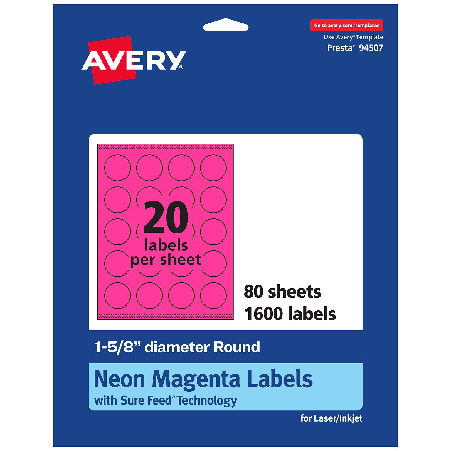 Avery Round Laser/Inkjet Multipurpose Labels, 1-5/8 Dia, Neon Magenta (1600/Box)
