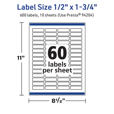 Avery TrueBlock Laser/Inkjet Multipurpose Rectangle Labels, 0.5" x 1.75", White, 600 Labels/Pack (94204)