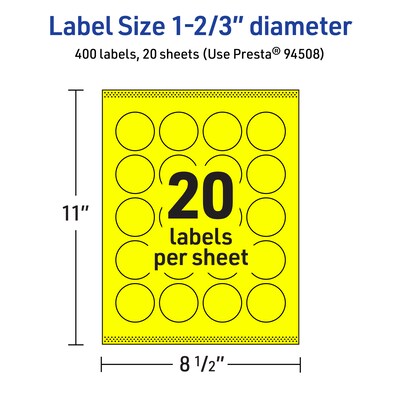Avery Round Laser/Inkjet Multipurpose Labels, 1-2/3" Dia, Neon Yellow (400/Pack)