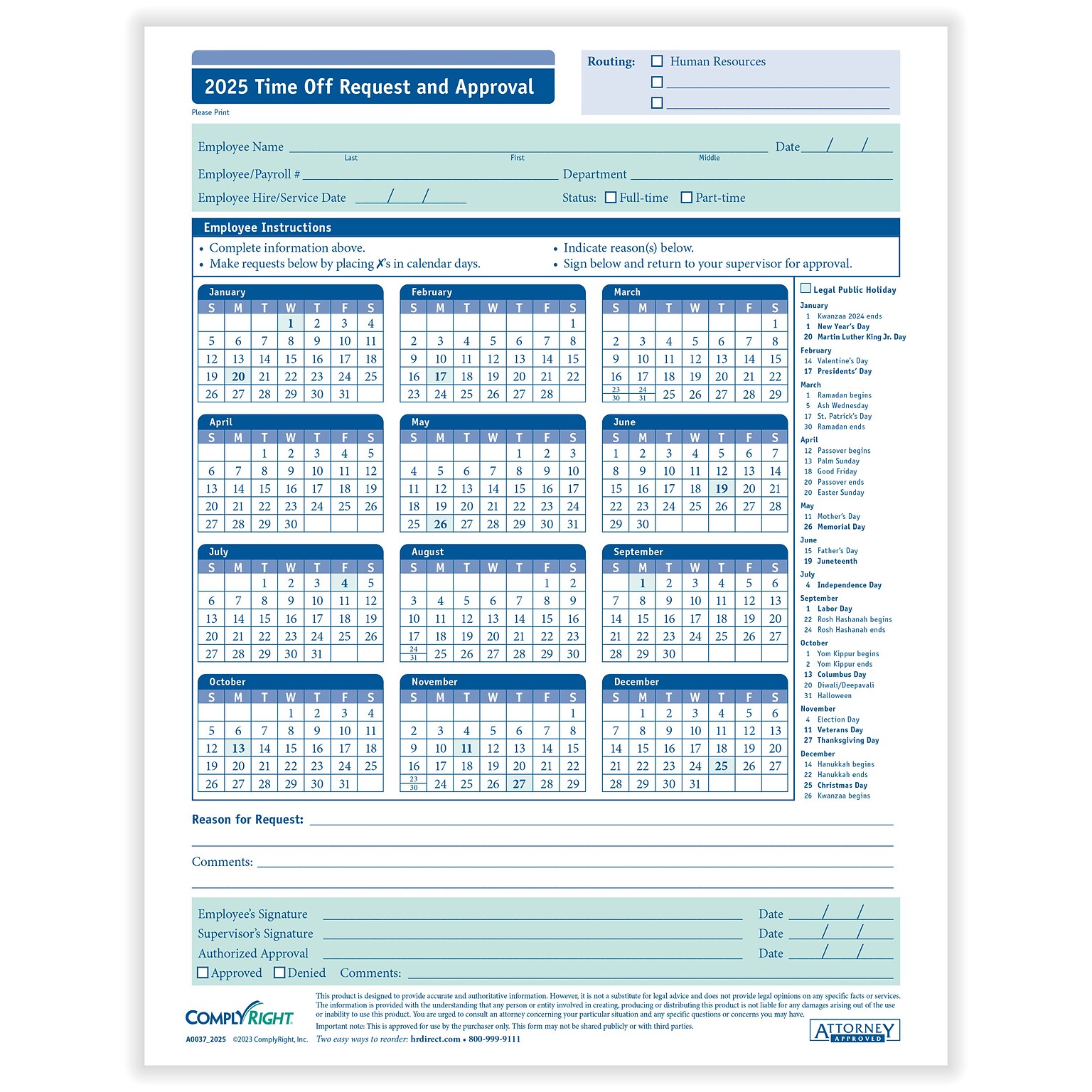 ComplyRight 2025 Time Off Request and Approval Calendar, 50 Forms/Pack (A0037)