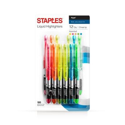 Staples Hype! Liquid Highlighters, Chisel, Assorted, Dozen (14598)
